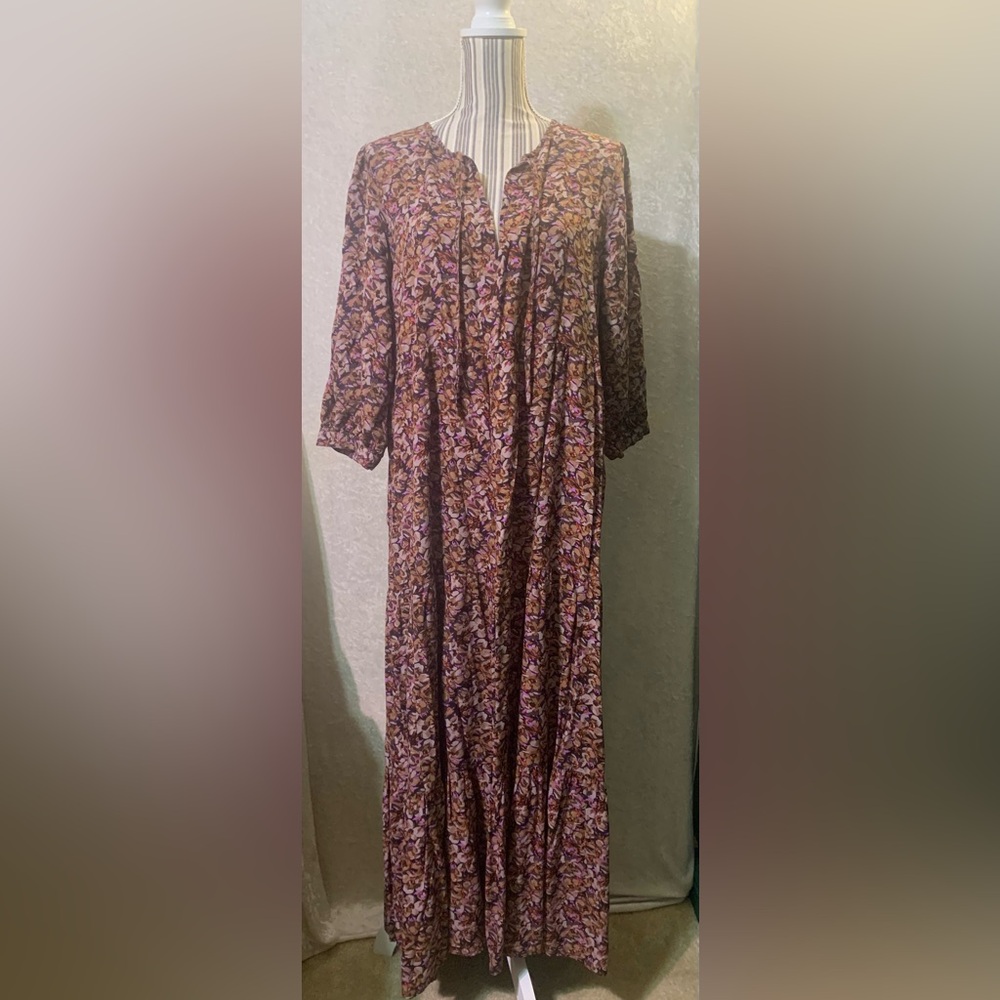 Natural Life Dark Floral Tiered Tie Neck Maxi Dress size L/XL Bohemian Peasant